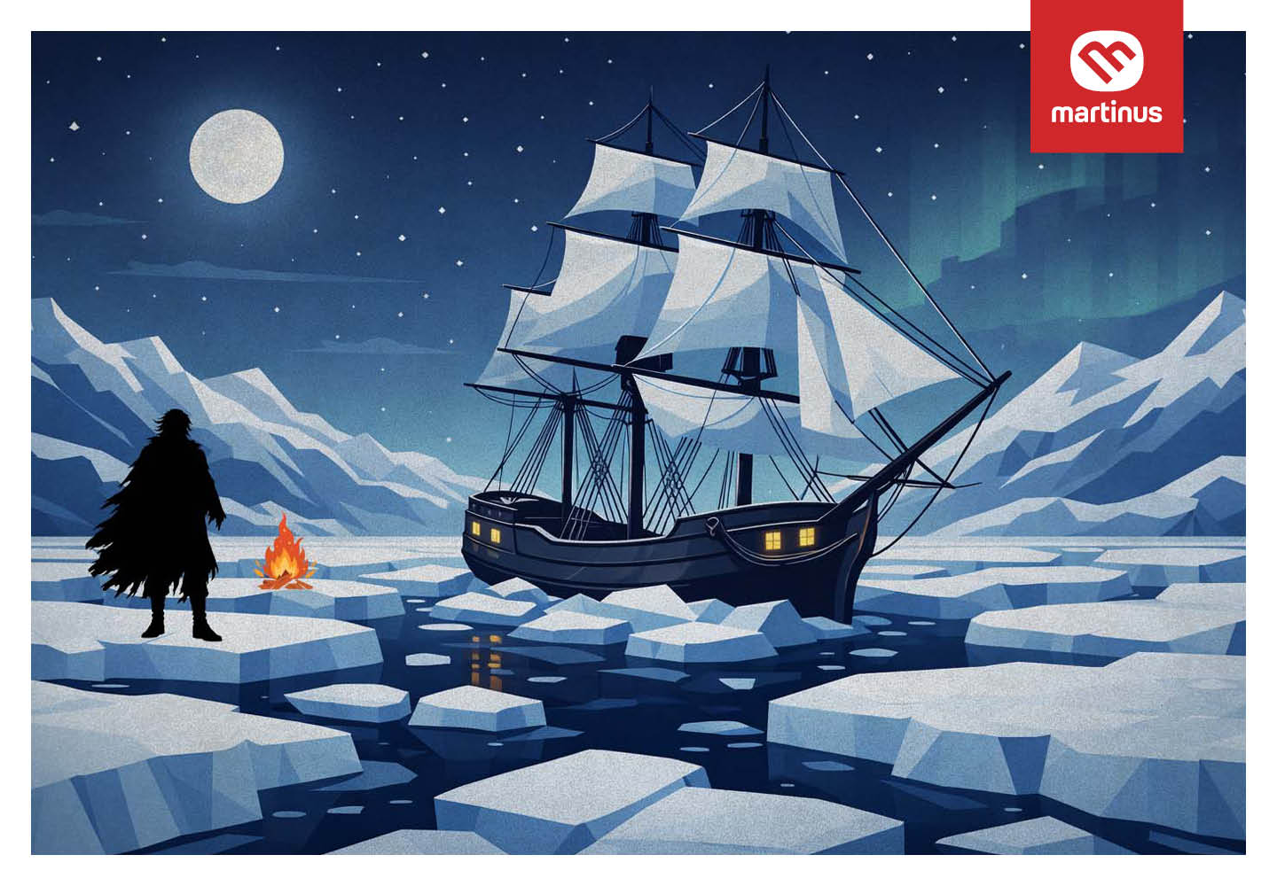 Na obrázku se nachází noční ledová krajina s modrou oblohou plnou hvězd a velkým měsícem. Uprostřed stojí černá plachetnice zamrzlá mezi kusy ledu a vlevo je silueta člověka u malého oranžového ohně.