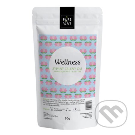 Kávy a čaje: Wellness - sypaný zelený čaj aromatizovaný, ochutený (Pure Way). Pure Way, 2021 Kávy a čaje: Wellness - sypaný zelený čaj aromatizovaný, ochutený (Pure Way). Pure Way, 2021