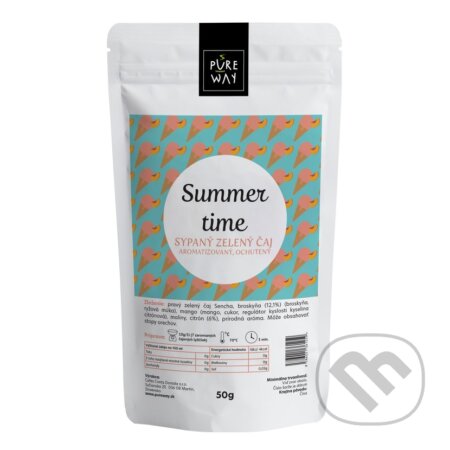 Kávy a čaje: Summer time - sypaný zelený čaj aromatizovaný, ochutený (Pure Way). Pure Way, 2021 Kávy a čaje: Summer time - sypaný zelený čaj aromatizovaný, ochutený (Pure Way). Pure Way, 2021