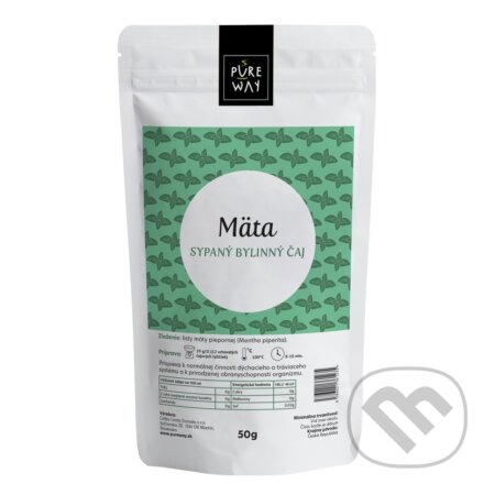 Kávy a čaje: Mäta - sypaný bylinný čaj (Pure Way). Pure Way, 2021 Kávy a čaje: Mäta - sypaný bylinný čaj (Pure Way). Pure Way, 2021