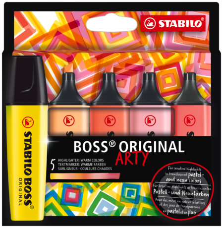 Zvýrazňovač - STABILO BOSS ORIGINAL - ARTY - 5 ks balenie (STABILO). STABILO, 2021 Zvýrazňovač - STABILO BOSS ORIGINAL - ARTY - 5 ks balenie (STABILO). STABILO, 2021