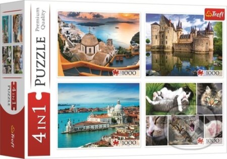Puzzle: Puzzle Santorini, Benátky, Zámek Sully-sur-Loire a Kočky (Trefl). Trefl, 2022 Puzzle: Puzzle Santorini, Benátky, Zámek Sully-sur-Loire a Kočky (Trefl). Trefl, 2022