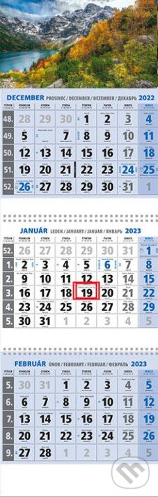 Klasik 3-mesačný modrý nástenný kalendár 2023 - skalnaté hory, Spektrum grafik, 2022