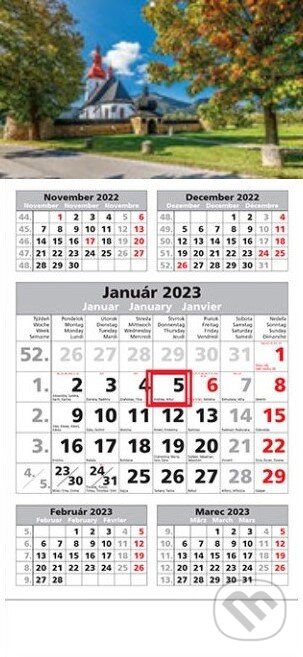 Štandard 5-mesačný sivý nástenný kalendár 2023 - kostolík, Spektrum grafik, 2022