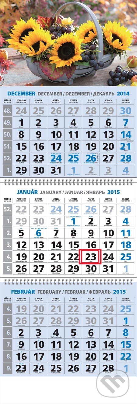Klasický 3-mesačný kalendár 2015 s motívom slnečníc (Spektrum grafik). Spektrum grafik, 2014 Klasický 3-mesačný kalendár 2015 s motívom slnečníc (Spektrum grafik). Spektrum grafik, 2014