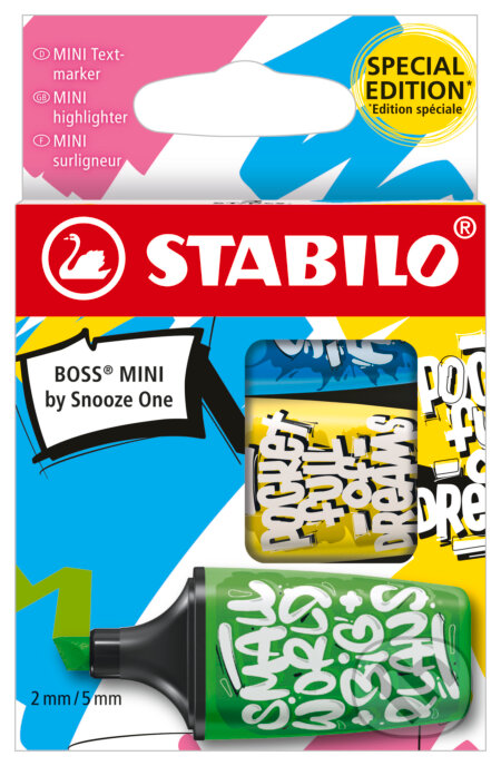 Zvýrazňovač - STABILO BOSS MINI by Snooze One - modrá, žltá, zelená (STABILO). STABILO, 2023 Zvýrazňovač - STABILO BOSS MINI by Snooze One - modrá, žltá, zelená (STABILO). STABILO, 2023