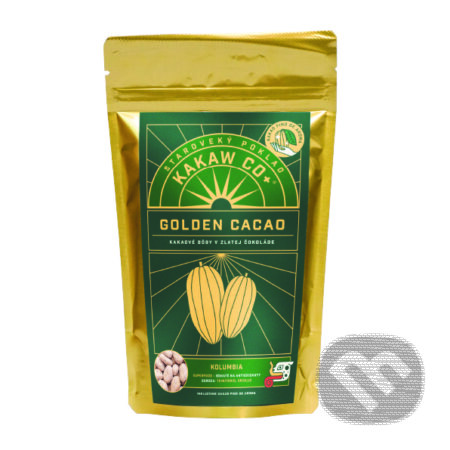 Kávy a čaje: Golden Crunchy Cacao: kakaové bôby obalené v zlatej čokoláde (Kakaw Co+). Kakaw Co+, 2023 Kávy a čaje: Golden Crunchy Cacao: kakaové bôby obalené v zlatej čokoláde (Kakaw Co+). Kakaw Co+, 2023