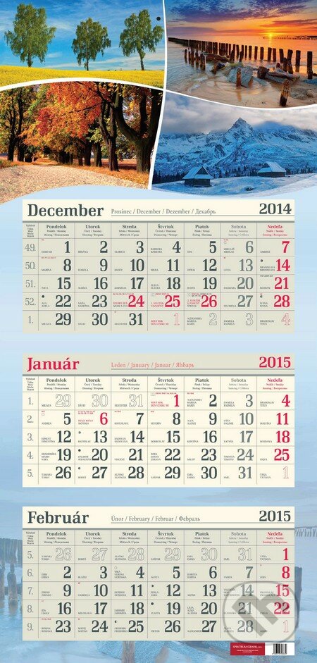 Nástenný 3-mesačný kalendár 2015 s motívom štyroch ročných období, Spektrum grafik, 2014