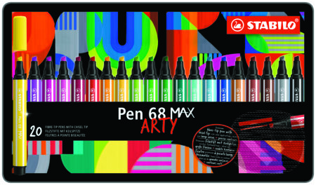 Prémiová vláknová fixka s hrubým klinovým hrotom - STABILO Pen 68 MAX - ARTY - 20 ks sada v plechu (STABILO). STABILO, 2023 Prémiová vláknová fixka s hrubým klinovým hrotom - STABILO Pen 68 MAX - ARTY - 20 ks sada v plechu (STABILO). STABILO, 2023