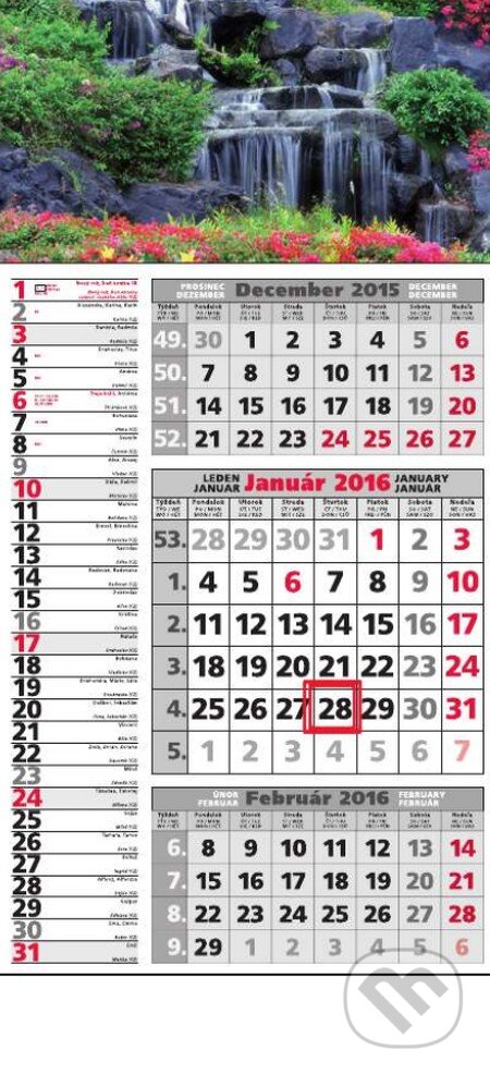 Kombinovaný 3-mesačný kalendár 2016 s motívom vodopádu, Spektrum grafik, 2015
