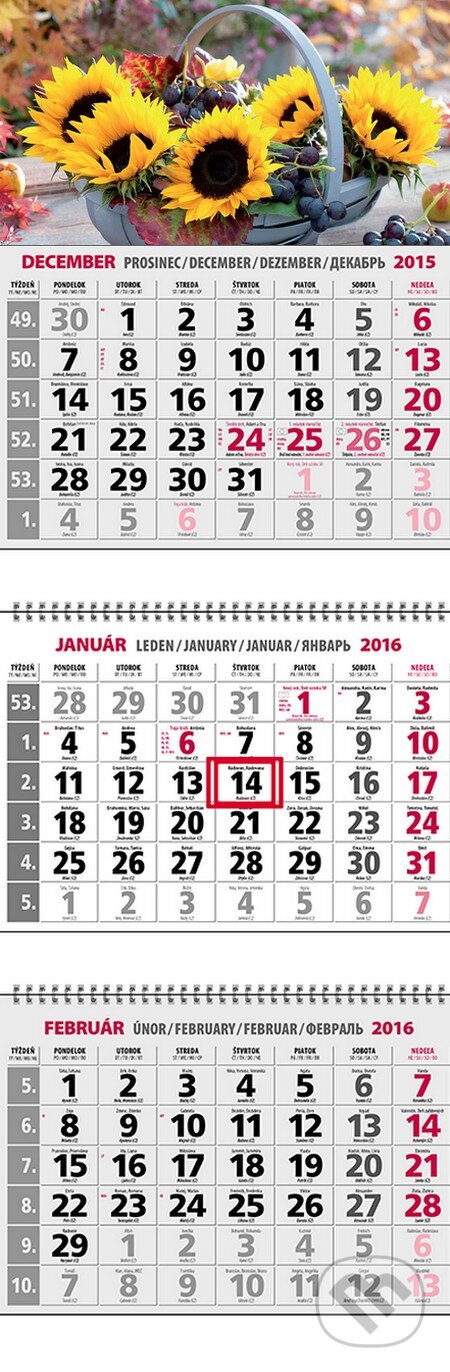 Klasický 3-mesačný kalendár 2016 s motívom slnečníc (Spektrum grafik). Spektrum grafik, 2015 Klasický 3-mesačný kalendár 2016 s motívom slnečníc (Spektrum grafik). Spektrum grafik, 2015