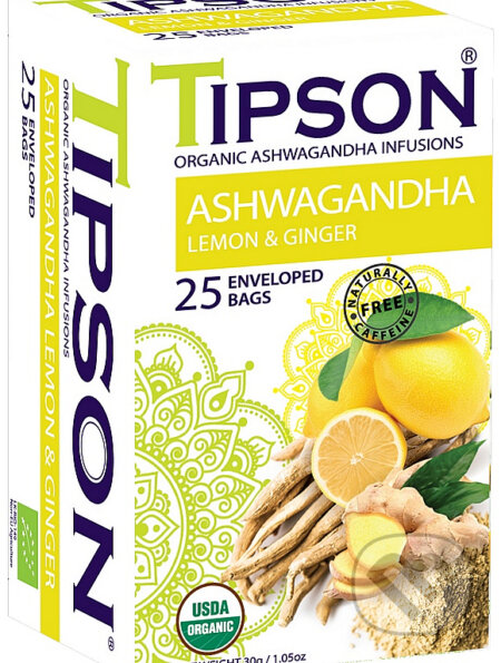 Kávy a čaje: TIPSON BIO Ashwagandha Lemon & Ginger, 25x1,2g (Bio - Racio). Bio - Racio, 2023 Kávy a čaje: TIPSON BIO Ashwagandha Lemon & Ginger, 25x1,2g (Bio - Racio). Bio - Racio, 2023