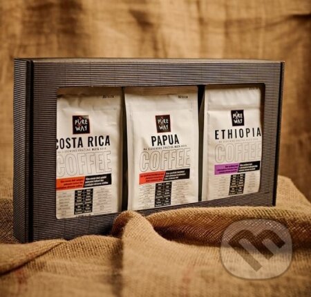 Kávy a čaje: Darčekový set mletých odrodových káv 3x 200g Costa Rica, Ethiopia, Papua (Pure Way). Pure Way Kávy a čaje: Darčekový set mletých odrodových káv 3x 200g Costa Rica, Ethiopia, Papua (Pure Way). Pure Way