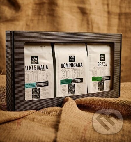 Kávy a čaje: Darčekový set mletých odrodových káv: 3x 200g Guatemala, Dominicana, Brazil (Pure Way). Pure Way Kávy a čaje: Darčekový set mletých odrodových káv: 3x 200g Guatemala, Dominicana, Brazil (Pure Way). Pure Way