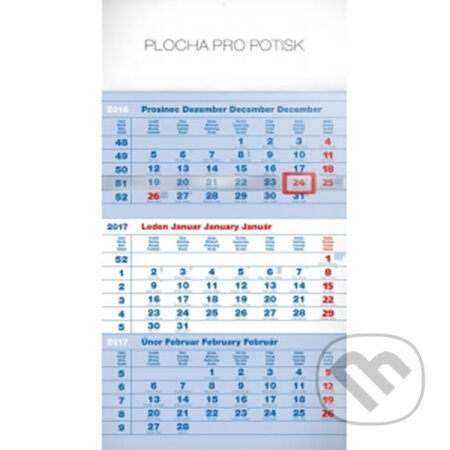 Kalendář nástěnný 2017 - 3měsíční standard/modrý s českými jmény, Presco Group, 2016
