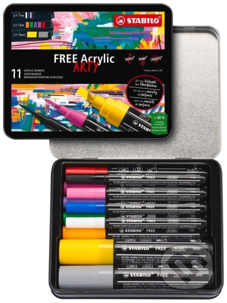 Akrylový popisovač STABILO FREE Acrylic - startovací sada 11 ks se 3 různými hroty - mix barev (STABILO). STABILO Akrylový popisovač STABILO FREE Acrylic - startovací sada 11 ks se 3 různými hroty - mix barev (STABILO). STABILO