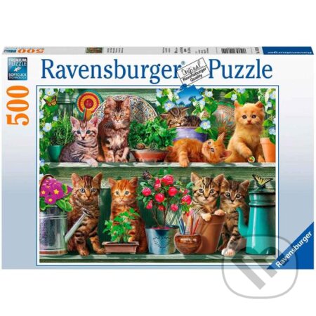 Puzzle: Kočky na poličkách mezi květinami (Ravensburger). Ravensburger, 2024 Puzzle: Kočky na poličkách mezi květinami (Ravensburger). Ravensburger, 2024