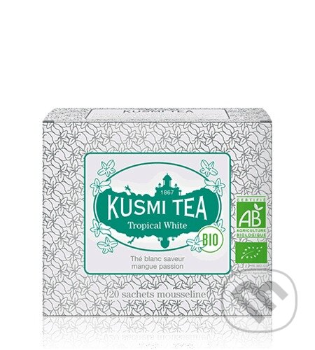 Kávy a čaje: Kusmi Tea Porciovaný biely čaj Tropical White Bio, 20 vrecúšok (Kusmi Tea). Kusmi Tea, 2024 Kávy a čaje: Kusmi Tea Porciovaný biely čaj Tropical White Bio, 20 vrecúšok (Kusmi Tea). Kusmi Tea, 2024