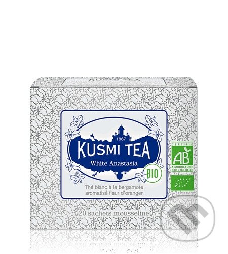 Kávy a čaje: Kusmi Tea Porciovaný biely čaj White Anastasia Bio, 20 vrecúšok (Kusmi Tea). Kusmi Tea, 2024 Kávy a čaje: Kusmi Tea Porciovaný biely čaj White Anastasia Bio, 20 vrecúšok (Kusmi Tea). Kusmi Tea, 2024