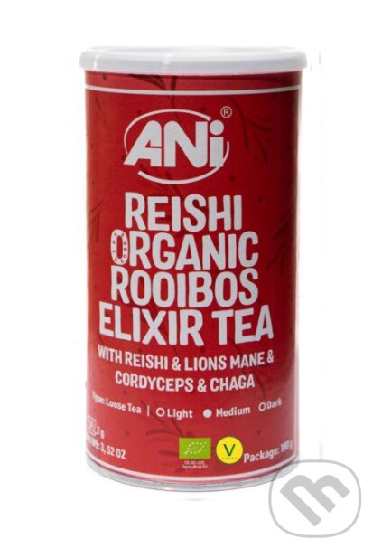 Kávy a čaje: Rooibos Reishi BIO čaj elixír s Cordyceps – Lion’s Mane – Chaga 100g (Ani). Ani, 2017 Kávy a čaje: Rooibos Reishi BIO čaj elixír s Cordyceps – Lion’s Mane – Chaga 100g (Ani). Ani, 2017