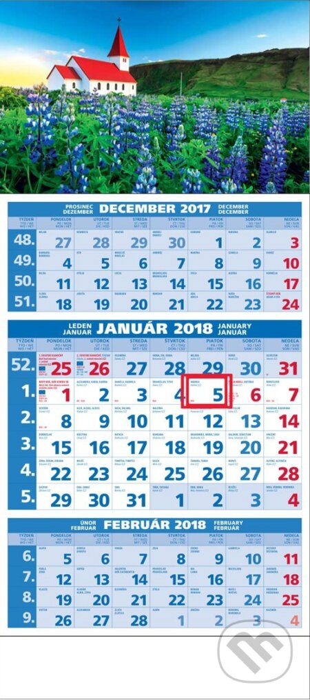 Štandard 3-mesačný kalendár 2018 s motívom kostolíka medzi kvetmi, Spektrum grafik, 2017