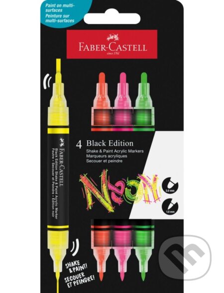 Akrylové popisovače Black Edition Shake&Paint, set 4 neónové farby (Faber-Castell). Faber-Castell Akrylové popisovače Black Edition Shake&Paint, set 4 neónové farby (Faber-Castell). Faber-Castell