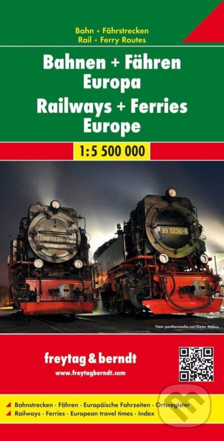 Kniha: Evropa železniční mapa 1:3,5 mil (Bahnen + Fähren Europa, Eisenbahnkarte 1:5,5 Mio) (freytag&berndt). freytag&berndt, 2017 Kniha: Evropa železniční mapa 1:3,5 mil (Bahnen + Fähren Europa, Eisenbahnkarte 1:5,5 Mio) (freytag&berndt). freytag&berndt, 2017