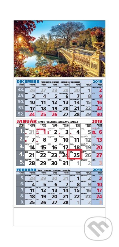 Štandard 3-mesačný kalendár extra 2019 s motívom jazera s mostom, Spektrum grafik, 2018
