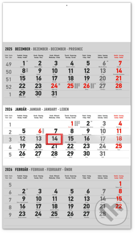 NOTIQUE Nástenný kalendár 3-mesačný štandard 2026 - sivý (Notique). Notique, 2025 NOTIQUE Nástenný kalendár 3-mesačný štandard 2026 - sivý (Notique). Notique, 2025