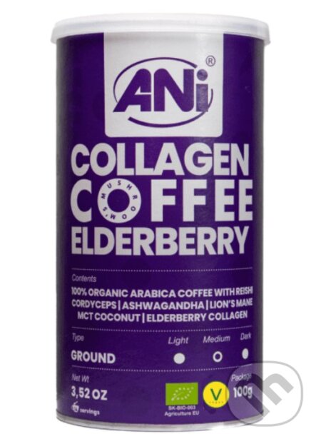 Kávy a čaje: Kolagén Elderberry mletá káva plechovka (Ani). Ani Kávy a čaje: Kolagén Elderberry mletá káva plechovka (Ani). Ani