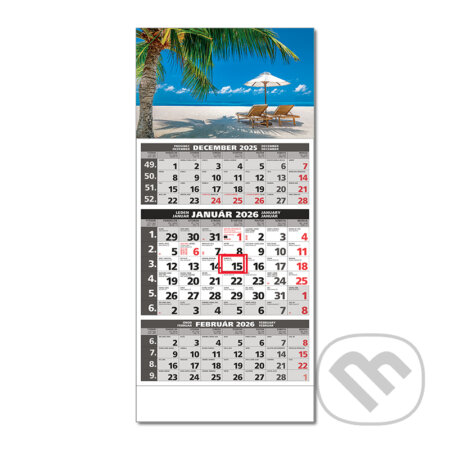 Štandard 3-mesačný sivý nástenný kalendár 2026 - pláž (Spektrum grafik). Spektrum grafik, 2025 Štandard 3-mesačný sivý nástenný kalendár 2026 - pláž (Spektrum grafik). Spektrum grafik, 2025