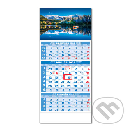 Štandard 3-mesačný modrý nástenný kalendár 2026 - horské jazero s loďkou (Spektrum grafik). Spektrum grafik, 2025 Štandard 3-mesačný modrý nástenný kalendár 2026 - horské jazero s loďkou (Spektrum grafik). Spektrum grafik, 2025
