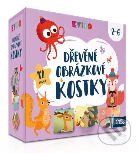 Společenská hra: Kvído Dřevěné obrázkové kostky (Albi). Albi, 2025 Společenská hra: Kvído Dřevěné obrázkové kostky (Albi). Albi, 2025
