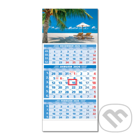 Štandard 3-mesačný modrý nástenný kalendár 2026 - pláž (Spektrum grafik). Spektrum grafik, 2025 Štandard 3-mesačný modrý nástenný kalendár 2026 - pláž (Spektrum grafik). Spektrum grafik, 2025