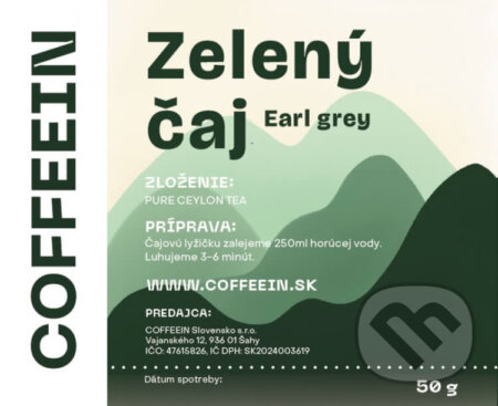 Kávy a čaje: Zelený čaj Earl Grey (COFFEEIN). COFFEEIN Kávy a čaje: Zelený čaj Earl Grey (COFFEEIN). COFFEEIN