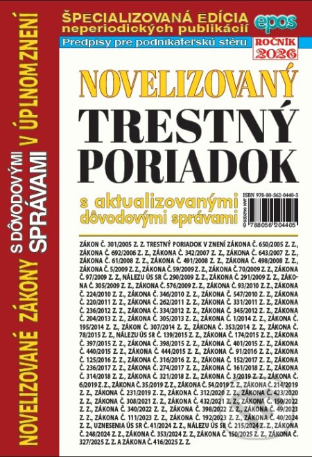 Kniha: Novelizovaný Trestný poriadok (Epos). Epos, 2026 Kniha: Novelizovaný Trestný poriadok (Epos). Epos, 2026