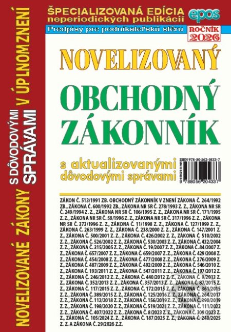 Kniha: Novelizovaný Obchodný zákonník (Epos). Epos, 2026 Kniha: Novelizovaný Obchodný zákonník (Epos). Epos, 2026