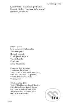 Kniha: Šest slovenských básníků (Erik Jakub Groch, Eva Luka, Mila Haugová, Nóra Ružičková, Petr Borkovec a Rudolf Jurolek). Fra, 2013 Kniha: Šest slovenských básníků (Erik Jakub Groch, Eva Luka, Mila Haugová, Nóra Ružičková, Petr Borkovec a Rudolf Jurolek). Fra, 2013