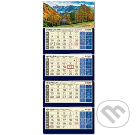 Luxus 4-mesačný modrý nástenný kalendár 2027 - drevený kostol v Tatrách (Spektrum grafik). Spektrum grafik, 2026 Luxus 4-mesačný modrý nástenný kalendár 2027 - drevený kostol v Tatrách (Spektrum grafik). Spektrum grafik, 2026