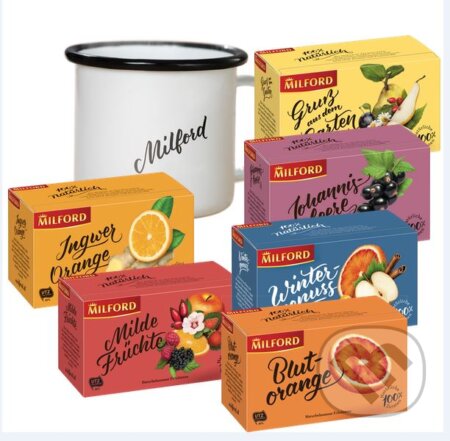 Kávy a čaje: MILFORD Mix ovocných čajov + plechový hrnček 300ml (MILFORD). MILFORD, 2018 Kávy a čaje: MILFORD Mix ovocných čajov + plechový hrnček 300ml (MILFORD). MILFORD, 2018