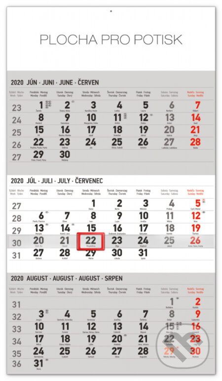 Nástenný kalendár 3mesačný štandard 2020 šedý, Presco Group, 2019