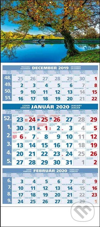 Štandard 3-mesačný modrý nástenný kalendár 2020 s motívom jazera, Spektrum grafik, 2019