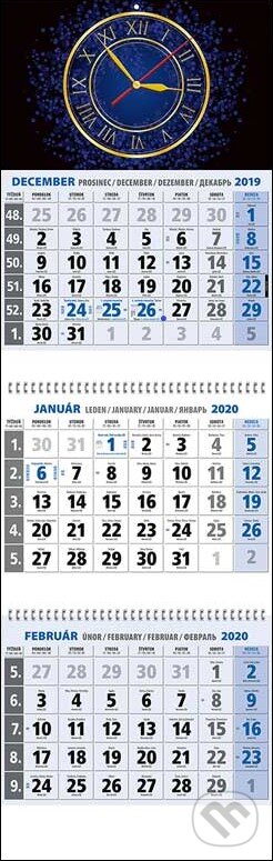 Klasik 3-mesačný modrý nástenný kalendár 2020 s modrými hodinami, Spektrum grafik, 2019