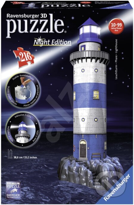 Puzzle: Puzzle noční edice 3D - Maják v příboji dílků (Ravensburger). Ravensburger, 2019 Puzzle: Puzzle noční edice 3D - Maják v příboji dílků (Ravensburger). Ravensburger, 2019