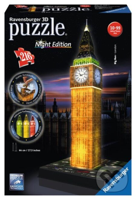 Puzzle: Puzzle noční edice 3D - Big Ben (Ravensburger). Ravensburger, 2019 Puzzle: Puzzle noční edice 3D - Big Ben (Ravensburger). Ravensburger, 2019