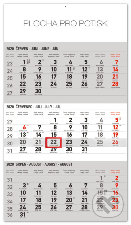 Nástěnný kalendář 3měsíční standard 2020 šedý, Presco Group, 2019