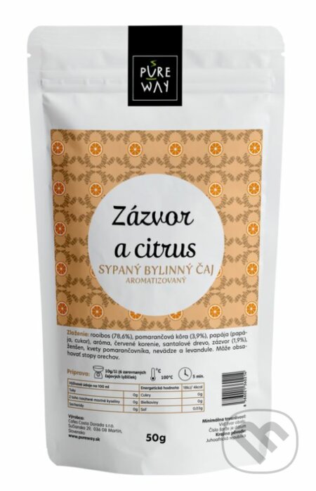 Kávy a čaje: Zázvor a citrus - sypaný bylinný čaj aromatizovaný (Pure Way). Pure Way, 2020 Kávy a čaje: Zázvor a citrus - sypaný bylinný čaj aromatizovaný (Pure Way). Pure Way, 2020