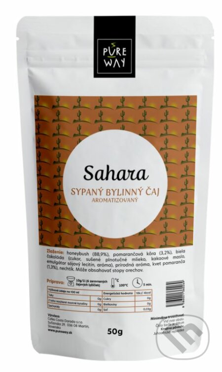 Kávy a čaje: Sahara - sypaný bylinný čaj aromatizovaný (Pure Way). Pure Way, 2020 Kávy a čaje: Sahara - sypaný bylinný čaj aromatizovaný (Pure Way). Pure Way, 2020
