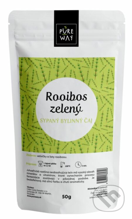 Kávy a čaje: Rooibos zelený - sypaný bylinný čaj (Pure Way). Pure Way, 2020 Kávy a čaje: Rooibos zelený - sypaný bylinný čaj (Pure Way). Pure Way, 2020
