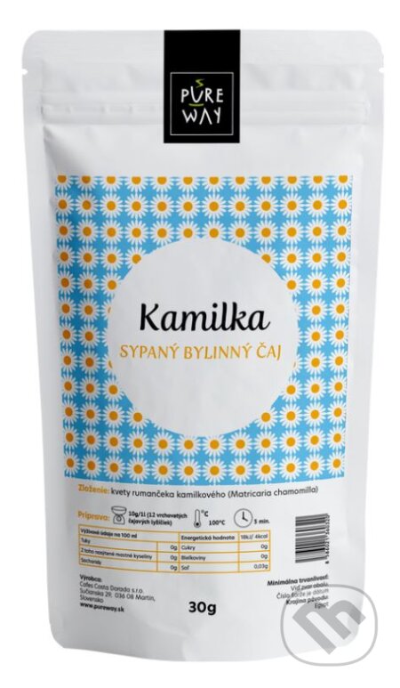 Kávy a čaje: Kamilka - sypaný bylinný čaj (Pure Way). Pure Way, 2020 Kávy a čaje: Kamilka - sypaný bylinný čaj (Pure Way). Pure Way, 2020